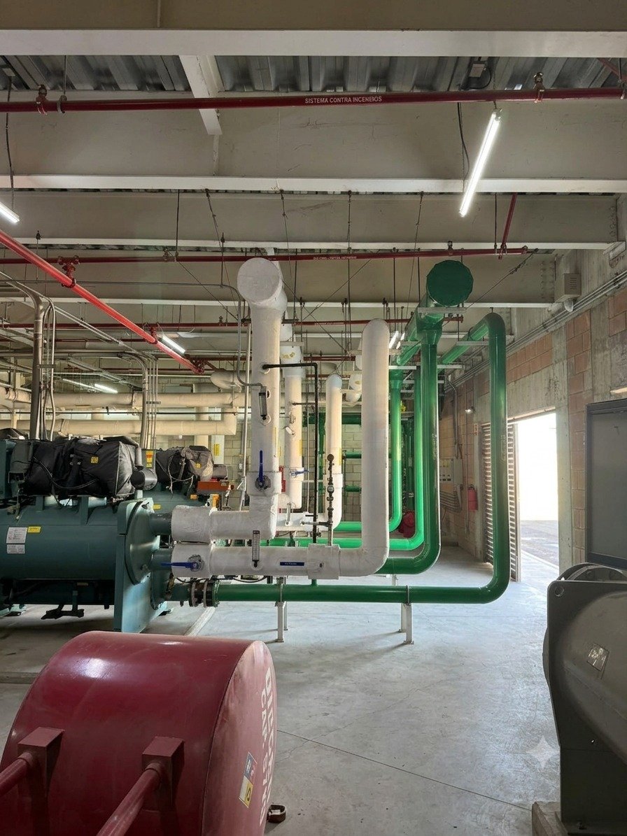 Sala de máquinas con tubería de climatización industrial